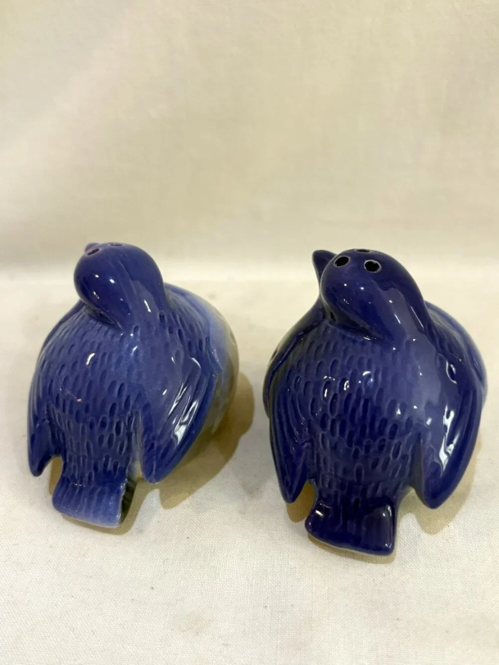 Vintage Hand Painted Ceramic Chubby Blue Bird Salt and Pepper Shaker Set